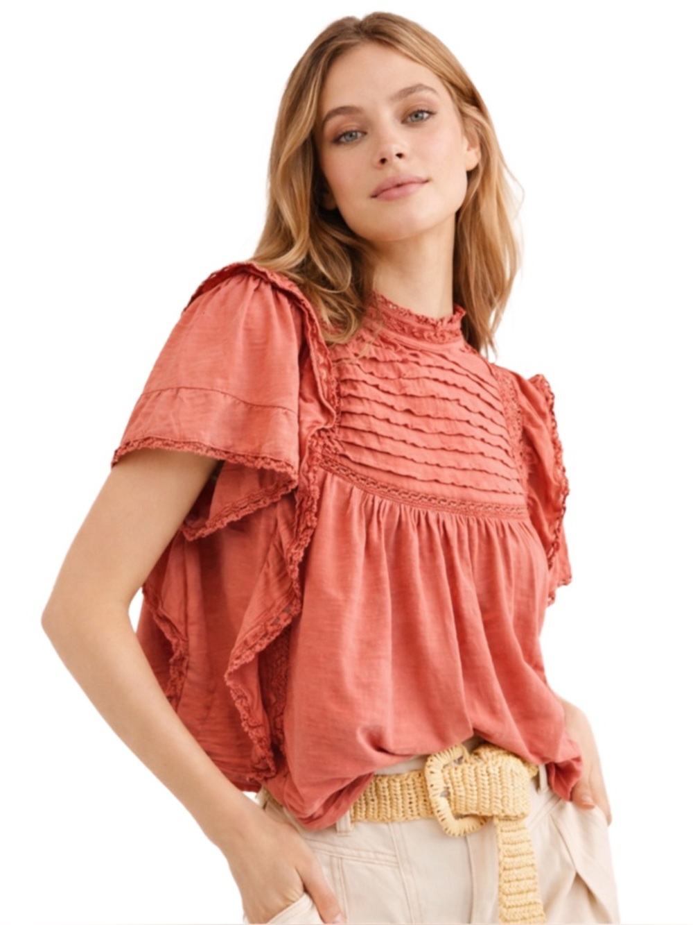 Free People Le Femme Ruffled Crochet Top Coral Boho Blouse Size M